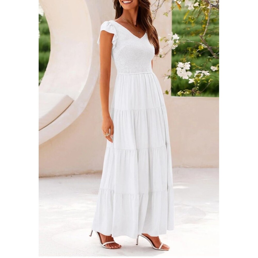 Pretty Garden Cottage Prairie Cap Sleeve Tiered Maxi Peasant Dress White NWT Lrg - Picture 2 of 6